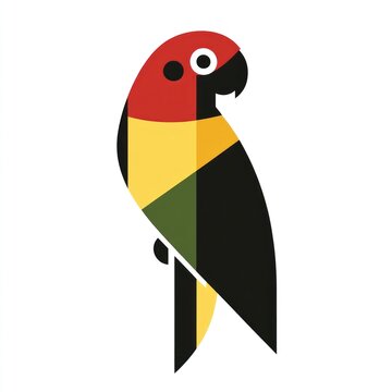 Geometric illustration of a parrot in red, yellow, green and black.