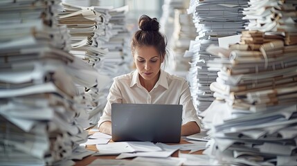 Woman Working on Laptop Surrounded by Stacks of Paper Documents