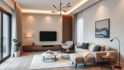 Contemporary mid century minimalist living room leather armchair table white wall wood floor, furniture, home decor