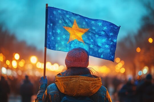 Polish and European Union Flag Held High in Protest