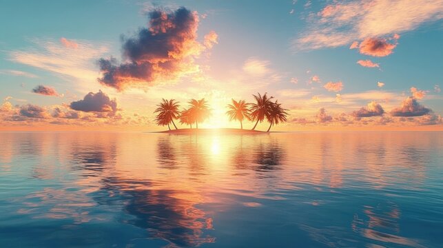 Tropical Sunset Island Palm Tree Beach Ocean Seascape Vacation Paradise Nature Travel - Powered by Adobe