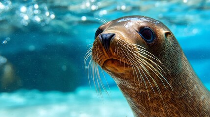 A curious seal glides gracefully beneath the surface, showcasing its unique features and captivating eyes. Bubbles dance around as sunlight filters through the water, creating a tranquil atmosphere