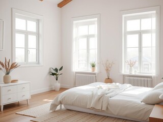 Cozy bedroom with natural light shining through windows onto a comfortable bed, modern, design