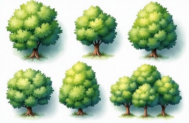 Top view illustration of different types of green trees, shrubs. Variety of shapes, sizes for landscape design. Suitable for graphic design projects related to eco-friendly design. Perfect for