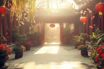 Serene Sunrise at a Chinese Garden Courtyard