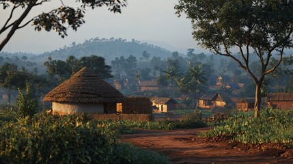 Rural African village at sunrise, thatched huts, dirt road, hills.