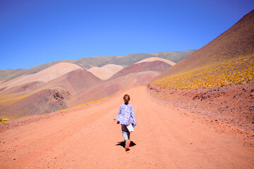 Little girl walking in colorful mountains