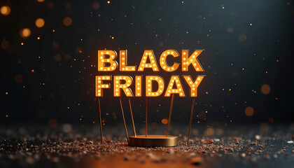 Golden glowing Black Friday text on dark background. Sale promotion. Attractive display for marketing. Retail shop advertisement. Great for online stores, brochures. Modern graphic design. Ideal for