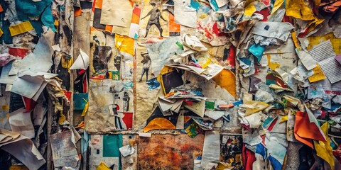 A Multitude of Torn and Weathered Posters Adhere to a Wall, Creating a Textured Abstract Composition of Vivid Hues