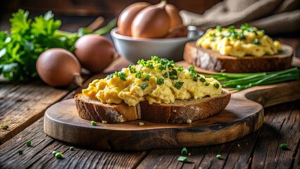 Delicious Scrambled Egg and Chive Open-Faced Sandwiches on Rustic Wooden Board