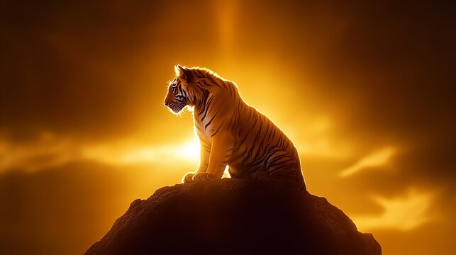 Majestic tiger silhouette against a glowing sunset backdrop.