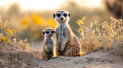 Fototapeta premium Two meerkats, adult and pup, sitting together in golden sunlight.