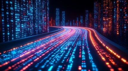 Futuristic city road with glowing digital code.