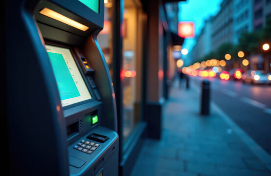 Glowing atm machine on city street at night. Urban scene at twilight. Financial tech. Street light bokeh in background. Night time transaction. Modern ATM. City life. Night life. Financial district.