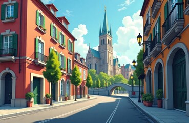 Obraz premium Colorful city street with bridge, cathedral. Sunny day in European-style city. Buildings with green shutters, balconies. Rich trees, street lamps line road. People could walking on street enjoying
