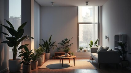 Cozy living room corner with armchair, lamp, and plant, houseplants, minimalistic
