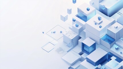 Abstract 3D rendering of white and blue cubes forming a complex structure on a white background.