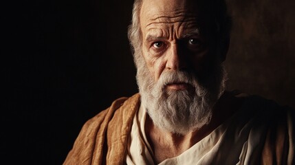 Obraz premium Here's a 10-word description: Aged man, long beard, somber gaze,