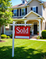 Naklejka premium Sold sign in front of house. Real estate transaction complete. Suburban home on manicured lawn. Summer day. Property listing successfully concluded. New owners. Successful real estate sale. Home,