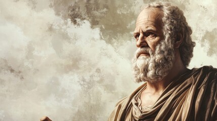Ancient Greek philosopher, thoughtful pose, flowing robe.