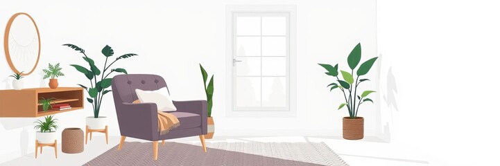 Cozy scandinavian bedroom interior with bed, blanket, pillows, house plants, window, and armchair, armchair, bedroom