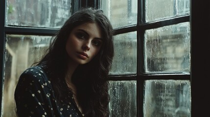 A pensive young woman standing near a rain-soaked window framed by soft moody light revealing a subtle yet haunting sense of melancholy
