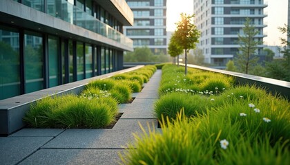 Naklejka premium Urban building with green roof garden. Eco-friendly design features grass, small white flowers. Pathways made of grey stones. Modern architecture blended with nature. Building multi-storied.