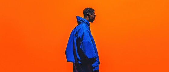 Fashion-forward person in high-saturation indigo clothing before blazing orange backdrop, spotlighting contemporary design with artistic vibrancy
