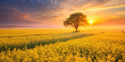 Obraz premium Golden Hour Serenity A Solitary Tree in a Vast Field of Blooming Yellow Flowers at Sunrise