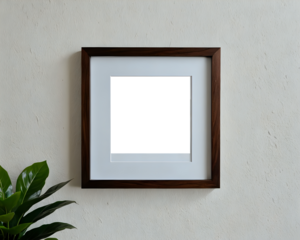 Brown wood square photo or picture frame with mat board template mounted on white wall with plant. 300dpi