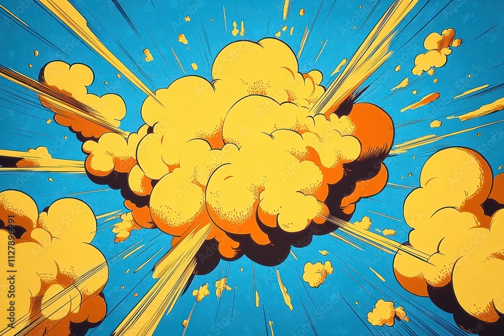 Poster pop art comic explosion background with dynamic clouds and bold colors