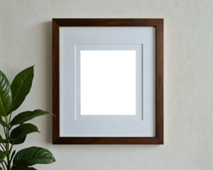 Brown wood rectangular photo or picture frame with mat board template mounted on white wall with plant. 300dpi