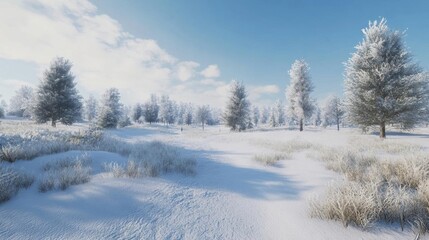 Obraz premium Winter wonderland: snowy landscape with frosted trees and plants