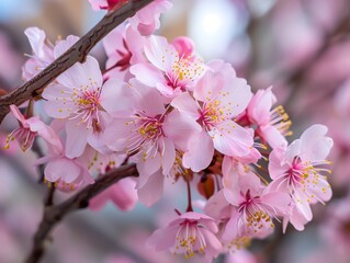 Obraz premium Delicate Pink Cherry Blossom Flowers in Full Bloom on Branch
