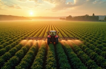 Fototapeta premium Aerial view of tractor spraying pesticides on vast soybean field. Precise rows create mesmerizing patterns. Misty spray catches morning sunlight. Modern agriculture emphasized by scale of operation.
