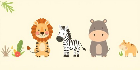 Cute and funny hand drawn tropical animals (hippo, lion, zebra) in a Scandinavian style flat design, perfect for kids fashion textile prints and other products, Scandinavian style, posters