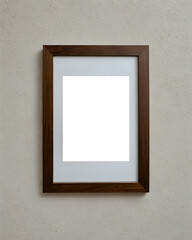 Brown wood rectangular photo or picture frame with mat board template mounted on white wall. 300dpi