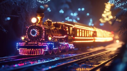 Nostalgic holiday nighttime scene: a glowing vintage steam train adorned with festive neon lights traverses snowy landscapes, evoking warm Christmas spirit and cozy winter magic that delights all ages