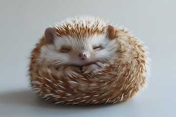 A clean white-style image of A photorealistic image of a hedgehog curled up in a ball. 