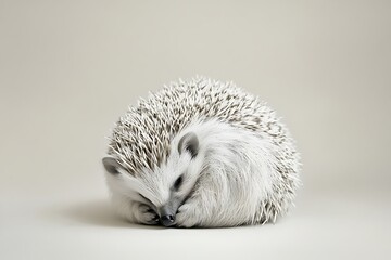 A clean white-style image of A photorealistic image of a hedgehog curled up in a ball. 