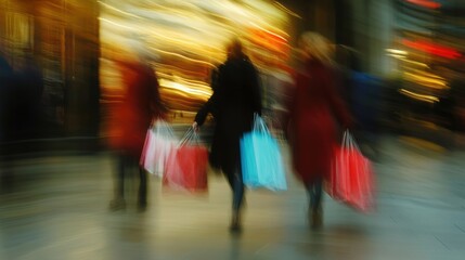 Obraz premium Motion blurred shopper with shopping bags walking in shopping mall in big city street.