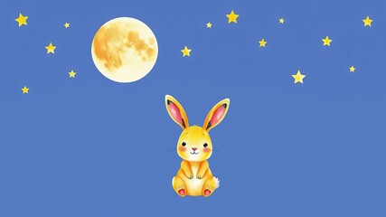 Fototapeta premium Cute little bunny sitting on a yellow moon surrounded by stars in a watercolor illustration, cute, illustration
