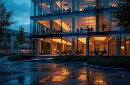 Contemporary glass building offices illuminated by warm lights. Employees work late. Teamwork, modern workplace atmosphere. Building modern design, open layout. Nighttime scene. Business people.