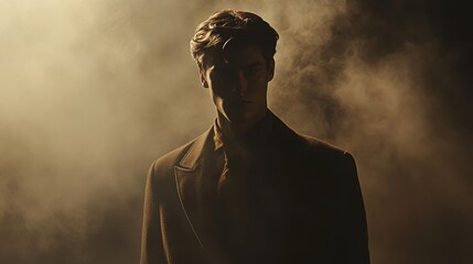 Cinematic portrait of a mysterious figure illuminated by dramatic moody light surrounded by dark foggy ambiance wearing vintage clothing evocative of a noir film