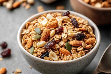 Nutritious homemade granola bowl with nuts and seeds healthy breakfast recipe kitchen close-up perspective emphasizing nutrition benefits for better living