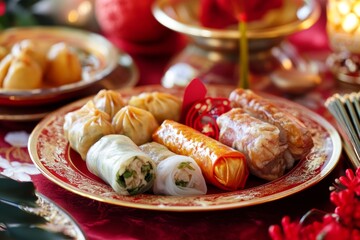 Delicious Chinese New Year Food Platter with Dumplings and Spring Rolls