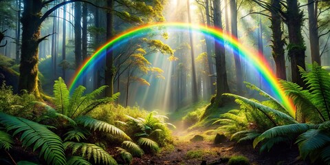 Sunbeams Illuminate a Mystical Forest Path with a Vibrant Rainbow Arcing Through Lush Greenery
