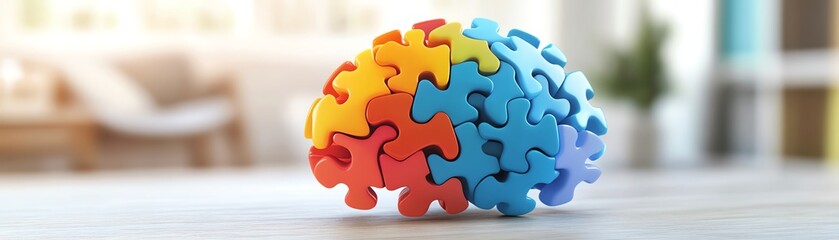 Obraz premium 3D colorful puzzle pieces assembling into a brain shape