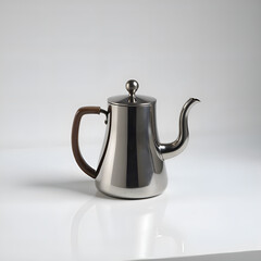 Sleek and modern stainless steel kettle with wooden handle on minimalist white surface, photography of still life concept.