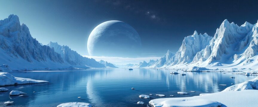 Frozen lake reflects surreal ice mountains. Distant gas giant hovers over alien planet. Stunning landscape evokes icy wonderland. Calm water mirrors peaks. Snowy ground surrounds lake. Nature scene.